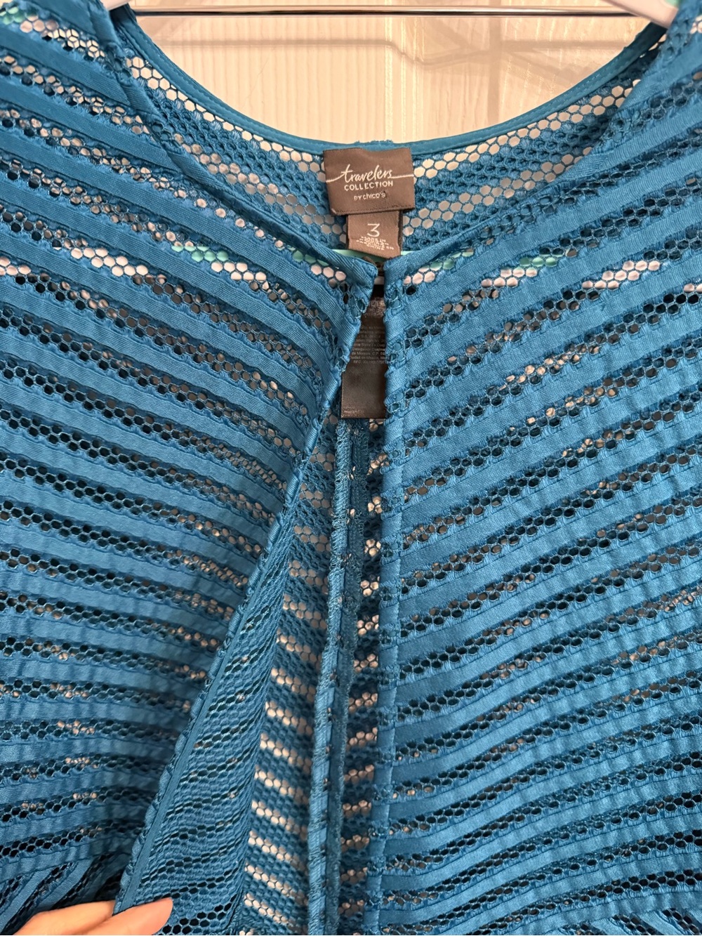Chico’s Travelers Collection Teal Open Knit Mesh Cardigan Cover Up Tunic XL 3 - Picture 2 of 5